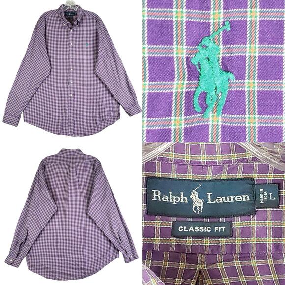 Polo Ralph Lauren Shirt Oxford Button Down Purple Plaid LS Size Large L - Picture 1 of 10